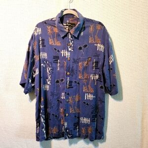 Riggins 100% Silk Blue and Brown Hawaiian Style Men's Button Down Shirt